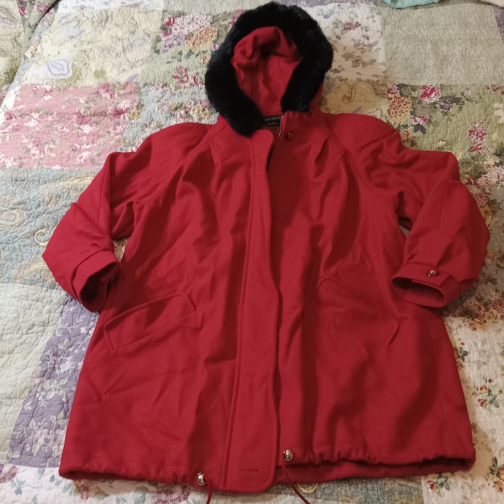 VTG DONNY BROOK Red WOOL Coat HOODED with Black RABBIT Fur Trim